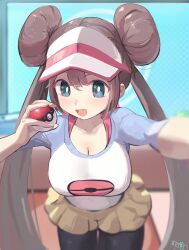 Rule 34 | 1girl, :d, black pantyhose, blue eyes, blush, breasts, bright pupils, brown hair, cleavage, collarbone, commentary request, commission, creatures (company), dan nako, double bun, doughnut hair bun, game freak, hair bun, highres, holding, holding poke ball, korean commentary, large breasts, medium breasts, nintendo, open mouth, outstretched arm, pantyhose, poke ball, poke ball (basic), pokemon, pokemon bw2, raglan sleeves, rosa (pokemon), selfie, short shorts, shorts, signature, smile, solo, twintails, visor cap, white pupils, yellow shorts