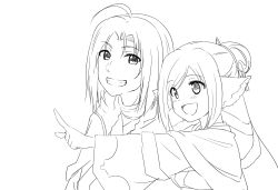 Rule 34 | 1boy, 1girl, absurdly long hair, absurdres, ahoge, ainu clothes, animal ears, aquaplus, arm up, blush, breasts, eyes visible through hair, from side, greyscale, grin, hair between eyes, hair ornament, hair over one eye, haku (utawarerumono), height difference, high ponytail, highres, hood, hood down, kuon (utawarerumono), layered sleeves, long hair, long sleeves, looking at viewer, monochrome, nike abc, open mouth, parted bangs, pointing, ponytail, raised eyebrows, sidelocks, small breasts, smile, swept bangs, teeth, utawarerumono, utawarerumono: itsuwari no kamen, very long hair, wide sleeves