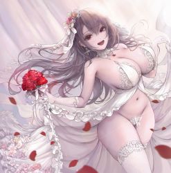 Rule 34 | 1girl, :d, absurdres, armpits, artist request, bare shoulders, bouquet, breasts, bridal veil, center opening, cleavage, clothes lift, commission, dress, dress lift, earrings, floating hair, flower, gloves, grey hair, groin, hair flower, hair ornament, highres, holding, jewelry, large breasts, lifting own clothes, long hair, looking at viewer, navel, no bra, no panties, open mouth, original, petals, red eyes, red flower, revealing clothes, rose, second-party source, shio (shirone), sleeveless, sleeveless dress, smile, solo, spaghetti strap, standing, stomach, thighhighs, thighs, veil, wedding dress, white dress, white gloves, white thighhighs