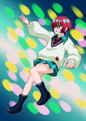 1girl amate_yuzuriha aqua_eyes boots dress full_body gundam gundam_gquuuuuux hair_between_eyes highres necktie pleated_dress red_hair school_uniform short_hair solo sweater