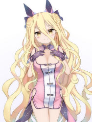 1girl berserker0113 blonde_hair blush breasts cleavage cleavage_cutout clothing_cutout commentary constellation_print cowboy_shot date_a_live double_bun dress gloves gradient_background hair_between_eyes hair_bun hands_on_own_chest hands_up highres hoshimiya_mukuro long_hair looking_at_viewer pink_dress purple_gloves simple_background smile solo very_long_hair wavy_hair white_background yellow_eyes