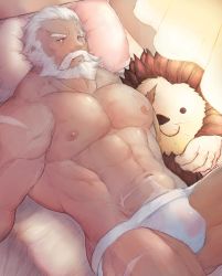 Rule 34 | 1boy, abs, bara, beard, bulge, character doll, doll, facial hair, frown, highres, holding, holding doll, jockstrap, large pectorals, looking at viewer, lying, male focus, male pubic hair, male underwear, mature male, muscular, muscular male, mustache, navel, navel hair, nipples, old, old man, on back, on bed, overwatch, overwatch 1, pectorals, pillow, pubic hair, reinhardt (overwatch), ryker, scar, scar across eye, scar on arm, scar on face, scar on leg, see-through, short hair, solo, stomach, thighs, underwear, underwear only, wet, wet clothes, wet male underwear, white hair, white male underwear