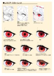 Rule 34 | 1girl, absurdres, border, eye focus, grey hair, highres, how to, lineart, no pupils, progression, red eyes, remilia scarlet, sketch, solo, touhou, translation request, tsune (tune), white border