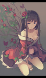 Rule 34 | 1girl, bare legs, bare shoulders, between legs, breasts, brown background, brown hair, cleavage, closed mouth, collarbone, copyright request, expressionless, flower, full body, hair flower, hair ornament, hand between legs, japanese clothes, kimono, kneeling, large breasts, letterboxed, long hair, looking at viewer, nail polish, nakaichi (ridil), off shoulder, open clothes, open kimono, plant, red eyes, red flower, red nails, sash, simple background, solo, tassel