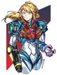 Rule 34 | 1girl, absurdres, arm cannon, armor, blonde hair, blue eyes, glowing, graysheartart, helmet, highres, long hair, looking at viewer, metroid, metroid dread, mole, mole under mouth, nintendo, ponytail, power armor, power suit, samus aran, science fiction, simple background, solo, upper body, weapon