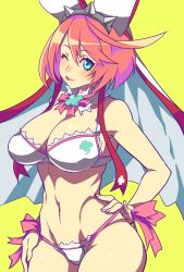 Rule 34 | 1girl, ;p, blue eyes, bra, breasts, cleavage, clover, elphelt valentine, female focus, four-leaf clover, guilty gear, guilty gear xrd, kin mokusei, large breasts, one eye closed, panties, pink hair, short hair, simple background, solo, tongue, tongue out, underwear, veil, white bra, white panties, yellow background