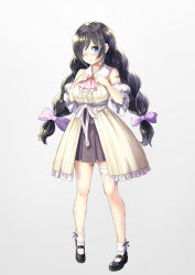 Rule 34 | 1girl, bandaid, bandaid on arm, black footwear, black hair, blue eyes, bow, braid, breasts, brown skirt, center frills, commentary request, dress, eyepatch, frilled dress, frills, grey background, hair bow, hair over one eye, hands up, long hair, looking at viewer, low twintails, mary janes, medical eyepatch, medium breasts, original, pleated skirt, purple bow, shoes, sidelocks, simple background, skirt, socks, solo, striped, striped bow, twin braids, twintails, tyone, very long hair, white socks