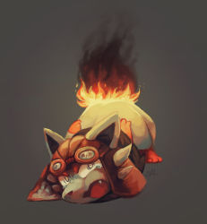 Rule 34 | burning, commentary, commission, creature, creatures (company), crying, english commentary, fangs, fire, full body, game freak, gen 5 pokemon, grey background, highres, looking at viewer, nintendo, no humans, open mouth, pokemon, pokemon (creature), salanchu, simple background, smoke, solo, tears, zorua