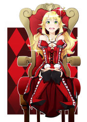 Rule 34 | 1girl, :d, blonde hair, boots, chair, clothing cutout, crown, dress, earrings, green eyes, heart, heart cutout, heart necklace, heart print, high heel boots, high heels, hoshii miki, idolmaster, idolmaster (classic), jewelry, knee boots, long hair, necklace, open mouth, red dress, red footwear, red upholstery, shoes, sitting, smile, solo, throne, tkhs