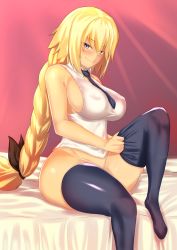 Rule 34 | 1girl, absurdres, adjusting clothes, adjusting legwear, aster crowley, black eyes, black necktie, black thighhighs, blonde hair, blush, braid, breasts, closed mouth, fate/apocrypha, fate (series), hair ribbon, highres, impossible clothes, impossible shirt, jeanne d&#039;arc (fate), jeanne d&#039;arc (girl from orleans) (fate), jeanne d&#039;arc (ruler) (fate), large breasts, long hair, looking at viewer, necktie, no panties, on bed, ribbon, shirt, sideboob, single braid, sitting, sleeveless, sleeveless shirt, smile, solo, thighhighs, very long hair, white shirt