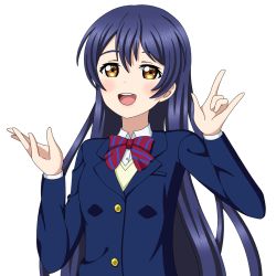 Rule 34 | 1girl, artist name, artist request, blue cardigan, blue hair, blue jacket, blush, bow, bowtie, breasts, brown eyes, buttons, cardigan, collared shirt, female focus, floating hair, hair between eyes, jacket, long hair, long sleeves, looking at viewer, love live!, love live! school idol project, otonokizaka school uniform, parted lips, red bow, school uniform, shirt, small breasts, smile, solo, sonoda umi, striped, striped bow, sweater vest, undershirt, upper body, vest, wavy hair, white background, white shirt, wing collar, yellow eyes, yellow vest