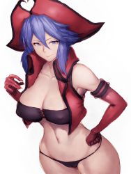 Rule 34 | 1girl, black panties, breasts, cameltoe, cleavage, covered erect nipples, elbow gloves, fumio (rsqkr), gloves, hand on own hip, hat, heart, hip focus, large breasts, long hair, looking at viewer, love heart (kof), midriff, navel, panties, pirate hat, purple eyes, purple hair, red gloves, simple background, smile, solo, the king of fighters, the king of fighters xiv, underwear, white background, wide hips