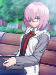 Rule 34 | 1girl, alternate costume, bench, bespectacled, casual, commentary request, fate/grand order, fate (series), food, glasses, highres, lunchbox, mash kyrielight, necktie, pantyhose, park bench, sandwich, skylader, solo