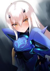 Rule 34 | 1girl, absurdres, armor, armored dress, blue armor, blue dress, blush, breastplate, breasts, brown eyes, dress, fate/grand order, fate (series), faulds, forked eyebrows, gauntlets, highres, long hair, looking at viewer, melusine (fate), melusine (first ascension) (fate), pauldrons, short dress, shoulder armor, sidelocks, small breasts, solo, utemika, white hair