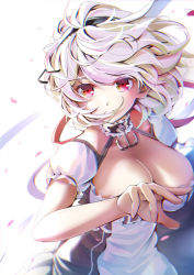 Rule 34 | 1girl, anchor choker, apron, azur lane, black hairband, breasts, cleavage, dress, frilled dress, frills, hairband, imo bouya, lace-trimmed hairband, lace trim, large breasts, red eyes, short hair, short sleeves, simple background, sirius (azur lane), solo, white apron, white dress, white hair