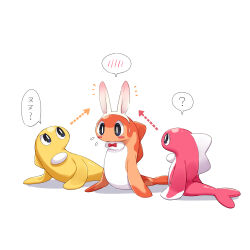 Rule 34 | ?, animal ears, arrow (symbol), black eyes, blush, blush stickers, bow, bowtie, bright pupils, commentary request, creatures (company), fake animal ears, flying sweatdrops, game freak, highres, kaminokefusa, looking at another, nintendo, no humans, notice lines, pokemon, pokemon (creature), rabbit ears, red bow, red bowtie, simple background, speech bubble, spoken blush, spoken question mark, tatsugiri, tatsugiri (curly), tatsugiri (droopy), tatsugiri (stretchy), translation request, white background, white pupils