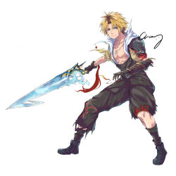 Rule 34 | 1boy, black footwear, black overalls, blonde hair, blue eyes, boots, crazy02oekaki, final fantasy, final fantasy x, gloves, highres, jewelry, looking at viewer, male focus, necklace, overalls, short hair, signature, simple background, smile, sword, tidus, weapon, white background