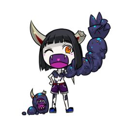 Rule 34 | 1girl, apostle ache, chibi, fangs, get amped, heart, heart in mouth, horns, midriff, monster girl, pale skin, personification, samael (5211), shorts, simple background, v