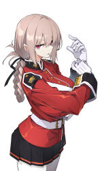 Rule 34 | 10mo, 1girl, belt, black skirt, braid, braided ponytail, breasts, fate/grand order, fate (series), florence nightingale (fate), folded ponytail, gloves, highres, jacket, large breasts, long hair, long sleeves, looking at viewer, pantyhose, pink hair, red eyes, red jacket, skirt, solo, uniform, white gloves, white pantyhose
