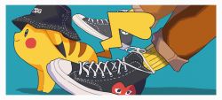 Rule 34 | 1other, aqua background, black headwear, border, brown pants, closed mouth, commentary, creatures (company), from side, game freak, gen 1 pokemon, clothed pokemon, highres, nintendo, pants, pikachu, pokemon, pokemon (creature), ribbed legwear, saiku (zvlku), shoes, smile, sneakers, socks, standing, white border, yellow legwear