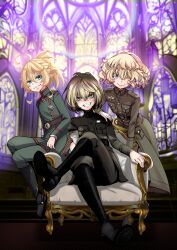 3girls ahoge armchair belt black_footwear blonde_hair blue_eyes boots chair church clenched_teeth coat commentary_request cross crossed_legs evil_smile full_body green_coat green_pants grin hal_(goshujinomocha) hand_on_another&#039;s_shoulder highres indoors iron_cross jacket jewelry long_sleeves looking_at_viewer medal military military_jacket military_uniform multiple_girls multiple_persona one_eye_closed pants pendant short_hair sitting smile stained_glass tanya_degurechaff teeth v-shaped_eyebrows youjo_senki