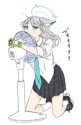 Rule 34 | 1girl, animal ear fluff, animal ears, aqua eyes, aqua necktie, black skirt, blue archive, blush, bright pupils, closed mouth, collared shirt, commentary, cross, cross hair ornament, dress shirt, earrings, ears down, electric fan, floating hair, full body, gloves, gomibako (gomibako price), green gloves, grey hair, hair ornament, halo, highres, inverted cross, jewelry, kneehighs, kneeling, mismatched pupils, necktie, hugging object, plaid, plaid skirt, pleated skirt, shiroko (blue archive), shirt, shirt partially tucked in, shoes, simple background, single glove, skirt, sleeves rolled up, smile, sneakers, socks, solo, sound effects, stud earrings, translated, white background, white pupils, white shirt, wolf ears, wolf girl