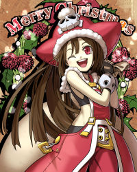 Rule 34 | 1girl, ;d, adapted costume, bad id, bad pixiv id, bracelet, brown hair, christmas, fingerless gloves, fur trim, gloves, guilty gear, hat, jewelry, long hair, may (guilty gear), merry christmas, one eye closed, open mouth, pirate hat, red eyes, red hat, sack, skull and crossbones, smile, solo, sports bra, yama tatsuo