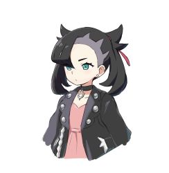 Rule 34 | 1girl, asymmetrical bangs, black choker, black hair, black jacket, choker, closed mouth, commentary request, creatures (company), dress, earrings, game freak, green eyes, hair ribbon, highres, jacket, jewelry, marnie (pokemon), nintendo, open clothes, open jacket, pink dress, pokemon, pokemon swsh, red ribbon, ribbon, simple background, sketch, solo, squid neetommy, twintails, white background