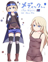 Rule 34 | 1girl, backpack, bag, belt, blonde hair, blue eyes, boots, breasts, character sheet, commentary request, flag, helmet, highres, jacket, long sleeves, looking at viewer, looking down, multiple views, navel, neit ni sei, original, pala bergsson, see-through, see-through shirt, shirt, short shorts, shorts, skindentation, sleeveless, small breasts, thighhighs, tight clothes, tight shirt, translation request, white background