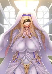 Rule 34 | 1girl, blindfold, blonde hair, breasts, bridal gauntlets, covered erect nipples, cowboy shot, curvy, detached sleeves, dress, gloves, goblin slayer!, hatsusora sakuta, highres, huge breasts, jewelry, light rays, lips, long hair, looking at viewer, praying, puffy areolae, revealing clothes, sideless outfit, solo, sword maiden, veil, white dress, white gloves, wide hips