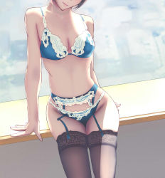 Rule 34 | 1girl, arm support, bad id, bad pixiv id, bra, breasts, brown hair, garter belt, garter straps, head out of frame, highres, jewelry, jpeg artifacts, lingerie, medium breasts, necklace, panties, real life, sakura mana, sitting, sketch, skindentation, smile, solo, stallone, thighhighs, thighs, underwear