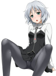 Rule 34 | 1girl, :o, black pantyhose, blush, crotch seam, green eyes, head tilt, looking at viewer, military, military uniform, open mouth, panties, panties under pantyhose, pantyhose, sanya v. litvyak, short hair, silver hair, simple background, sitting, skirt, solo, spread legs, strike witches, underwear, uniform, upskirt, white background, world witches series, youkan