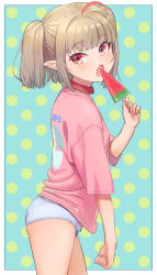 Rule 34 | 1girl, ahoge, ass, blush, border, bow, bow panties, collar, cowboy shot, dotted background, dyed ahoge, eating, food, fruit, grey hair, grey panties, highres, holding, holding food, looking at viewer, makaino ririmu, medium hair, multicolored hair, nijisanji, no pants, open mouth, panties, pink shirt, pointy ears, popsicle, red collar, red eyes, red hair, sabamen, shirt, sidelocks, solo, streaked hair, t-shirt, twintails, two-tone hair, underwear, virtual youtuber, watermelon, watermelon bar, white border