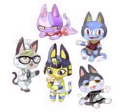 Rule 34 | 1girl, 4boys, :&lt;, :3, :d, animal crossing, animal ears, ankha (animal crossing), black-framed eyewear, black eyes, blue eyes, blue neckwear, bob (animal crossing), cat, cat ears, cat tail, coffee mug, colored sclera, cup, dress, egyptian, fang, fangs, floral print, flower, furry, furry female, furry male, glasses, half-closed eyes, head rest, heterochromia, holding, holding flower, long sleeves, lying, mug, multiple boys, necktie, newo (shinra-p), nintendo, object on head, on stomach, open mouth, punchy (animal crossing), raymond (animal crossing), red eyes, rover (animal crossing), simple background, sitting, smile, tail, vest, white background, yellow eyes, yellow sclera