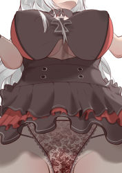 Rule 34 | 1girl, absurdres, amen (8772), azur lane, breasts, brown dress, brown panties, clothing cutout, covered erect nipples, cross, dress, elbe (azur lane), from below, highres, iron cross, lace, lace-trimmed panties, lace trim, large breasts, long hair, panties, simple background, solo, underboob, underboob cutout, underwear, white background, white hair