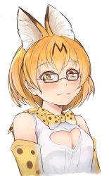Rule 34 | 10s, 1girl, :3, absurdres, animal ears, bare shoulders, blonde hair, blush, bow, bowtie, breasts, cleavage cutout, clothing cutout, commentary request, elbow gloves, extra ears, glasses, gloves, highres, kemono friends, looking at viewer, medium breasts, print bow, print bowtie, print gloves, print neckwear, rin (ashleyy), serval (kemono friends), shirt, short hair, simple background, sleeveless, sleeveless shirt, slit pupils, solo, yellow eyes