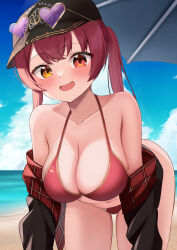 Rule 34 | 1girl, 9696k, absurdres, hat, heterochromia, highres, hololive, houshou marine, looking at viewer, open mouth, outdoors, red eyes, red hair, smile, solo, twintails, virtual youtuber, yellow eyes