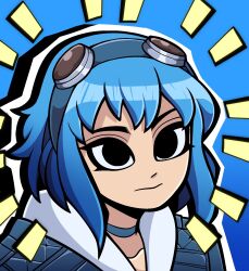 Rule 34 | 1girl, black eyes, blue background, blue choker, blue hair, blue jacket, choker, commentary, emphasis lines, english commentary, goggles, goggles on head, gradient background, highres, jacket, kermittend, medium hair, outline, portrait, ramona flowers, scott pilgrim (series), solo, white hood