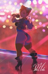 Rule 34 | 1girl, ass, blush, boots, bra, bracelet, breasts, capcom, chun-li, cleavage, danhilo, earrings, eyeshadow, high heel boots, high heels, highres, jacket, jewelry, lipstick, makeup, microphone, stiletto heels, street fighter, thick thighs, thighhighs, thighs, thong, underwear