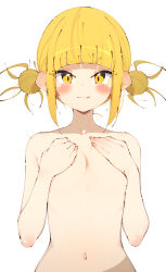 Rule 34 | 1girl, :3, :q, absurdres, blonde hair, blunt bangs, blush, boku no hero academia, breasts, closed mouth, collarbone, covering privates, covering breasts, dot nose, double bun, hair bun, hands up, highres, looking at viewer, medium breasts, messy hair, navel, rasusurasu, short eyebrows, short hair with long locks, sidelocks, simple background, solo, straight hair, toga himiko, tongue, tongue out, tsurime, upper body, v-shaped eyebrows, white background, yellow eyes