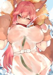 Rule 34 | 1girl, absurdres, animal ear fluff, animal ears, animal hands, between breasts, bow, breasts, collar, commentary request, covered erect nipples, dress, fate/extra, fate/grand order, fate (series), fox ears, fox girl, fox tail, gloves, hair between eyes, hat, highres, hose, large breasts, long hair, looking at viewer, one eye closed, paw gloves, pink hair, ponytail, rottenweiler, sidelocks, smile, solo, straw hat, tail, tamamo (fate), tamamo cat (fate), wet, wet clothes, white dress, yellow eyes