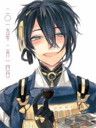 Rule 34 | 10s, 1boy, black gloves, blue eyes, blue hair, blush, box, box of chocolates, candy, chocolate, chocolate heart, dated, food, gloves, hairband, heart, japanese clothes, looking at viewer, male focus, matching hair/eyes, mikazuki munechika, mogupen, open mouth, sayagata, short hair, simple background, smile, solo, touken ranbu, unmoving pattern, upper body, valentine, white background