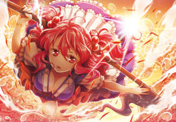 Rule 34 | 1girl, breasts, cleavage, female focus, hair bobbles, hair ornament, large breasts, namisaki yuka, onozuka komachi, red eyes, red hair, scythe, short hair, skirt, solo, touhou, twintails, two side up