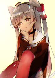 Rule 34 | 10s, 1girl, amatsukaze (kancolle), atsumi jun, choker, eyebrows, hair tubes, hand on own cheek, hand on own face, head rest, head tilt, hugging own legs, kantai collection, lifebuoy, light particles, long hair, long sleeves, orange eyes, parted lips, red thighhighs, sailor collar, silver hair, sitting, solo, swim ring, thigh strap, thighhighs, two side up, yellow background