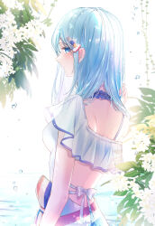 Rule 34 | 1girl, absurdres, aozora no saki kagayaki wo oikakete (project sekai), backlighting, blue eyes, blue hair, bow, breasts, closed mouth, from side, hair ornament, hairclip, hand in own hair, highres, hinomori shizuku, long hair, looking at viewer, looking to the side, mairu003, profile, project sekai, shoulder blades, small breasts, solo, straight hair, white background, white bow