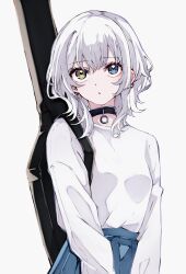 Rule 34 | 1girl, absurdres, bang dream!, bang dream! it&#039;s mygo!!!!!, black choker, blue eyes, blue skirt, breasts, choker, closed mouth, commentary request, heterochromia, highres, instrument case, instrument on back, kaname raana, long sleeves, looking at viewer, nuruponnu, pleated skirt, shirt, shirt tucked in, simple background, skirt, small breasts, solo, white background, white shirt, wolf cut, yellow eyes