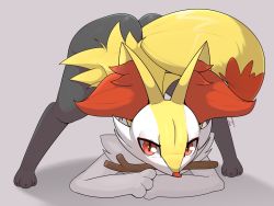Rule 34 | 1girl, arched back, arm rest, artist request, ass, braixen, creatures (company), flexible, full body, furry, furry female, game freak, gen 6 pokemon, hands on ground, highres, huge ass, jack-o&#039; challenge, legs apart, looking at viewer, meme, miyamaek, nintendo, pokemon, pokemon (creature), red eyes, simple background, solo, spread legs, stick, stretching, tail, top-down bottom-up, underwear, wide spread legs