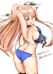 Rule 34 | 1girl, arms behind head, artist name, ass, bikini, black choker, blue bikini, breasts, brown eyes, choker, cleavage, commentary request, cowboy shot, dated, hair ornament, hair ribbon, johnston (kancolle), kantai collection, light brown hair, long hair, looking at viewer, medium breasts, moke ro, ribbon, smile, solo, swimsuit, twisted torso, two side up