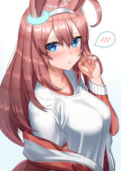 Rule 34 | 1girl, absurdres, ahoge, animal ears, blue background, blue eyes, blush, breasts, brown hair, collarbone, ear ornament, from side, glowing, gradient background, grey hairband, gym uniform, hairband, highres, horse ears, horse girl, horse tail, jacket, large breasts, long hair, long sleeves, looking at viewer, looking to the side, mihono bourbon (umamusume), off shoulder, ooeyama, open clothes, open jacket, polka dot, polka dot background, red jacket, shirt, solo, speech bubble, spoken blush, tail, track jacket, umamusume, upper body, white shirt