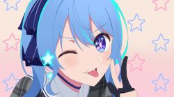 Rule 34 | 1girl, ;p, blue choker, blue eyes, blue hair, blush, choker, close-up, commentary, derivative work, gloves, hand up, highres, hololive, hoshimachi suisei, hoshimachi suisei (1st costume), one eye closed, oshi no ko, partially fingerless gloves, plaid, portrait, screenshot redraw, solo, star-shaped pupils, star (symbol), star in eye, starry background, symbol-shaped pupils, symbol in eye, teeth, tongue, tongue out, upper body, v-shaped eyebrows, virtual youtuber, w, yo u na no